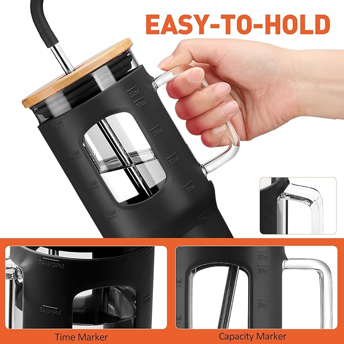 WINSA Glass Tumbler with Lid, 32 oz Glass Cup with Handle, Glass Water Bottles with Time Marker, 2 Straws - Pearl Straw & Silicone Protective Sleeve - Black