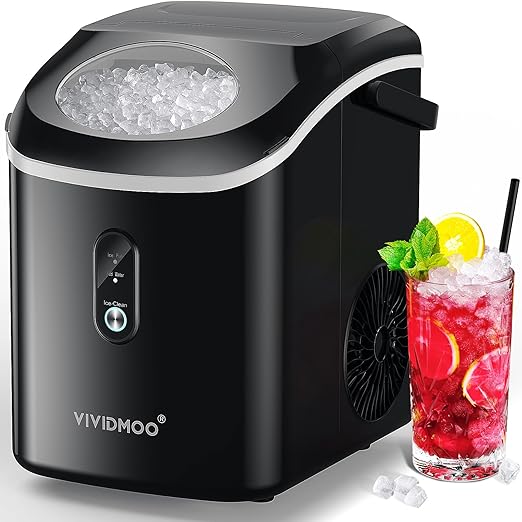 VIVIDMOO Nugget Ice Maker Countertop, 34lbs/Day, Portable Sonic Pebble Ice Maker with Self-Cleaning, Fast Ice in 6 Mins, Compact Crushed Pellet Ice Machine for Home/Office/Kitchen/RV/Camping, Black