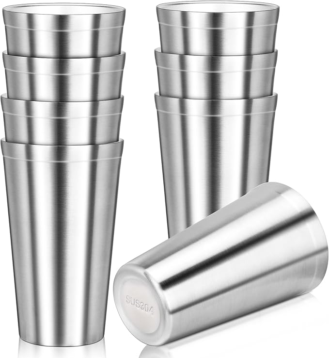 Stainless Steel Cup, 16 oz Insulated Tumbler, 8 Pack Double Wall Unbreakable Stackable Water Tumblers Insulated Metal Cup Premium Drinking Glasses for Travel Camping Home Outdoor