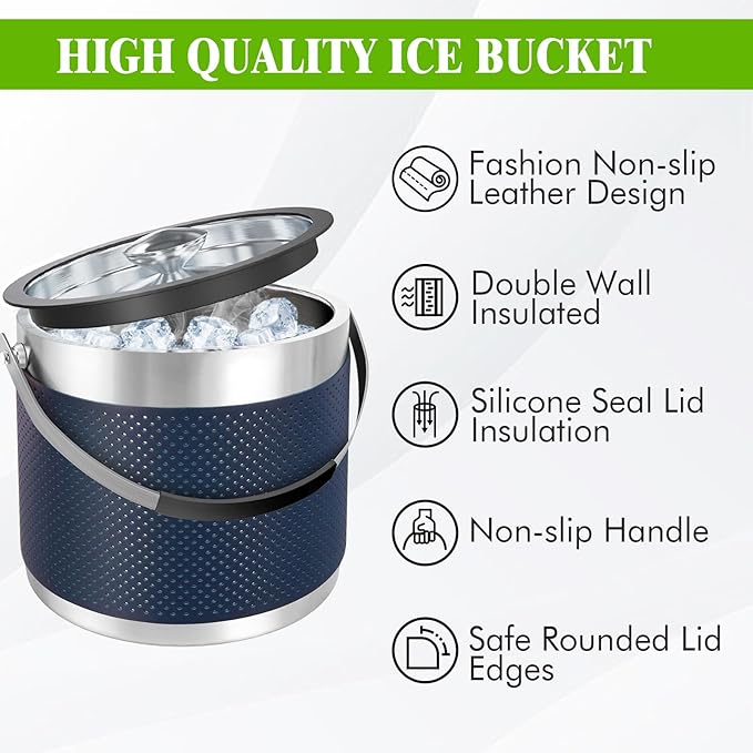 3Quart/3.2L Insulated Stainless Steel Ice Bucket with Lid, Scoop, Leather Design Double Wall Wine Bucket for Cocktail Bar, Parties (Dark Blue)