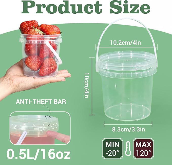 Airtight Clear Plastic Bucket with Lid, Ice Buckets for Parties, Reusable Ice Cream Tub with Handle, Food Storage Container, Food Grade Freezer and Microwave Safe for Sauce, Soup (16 OZ/500 ML)