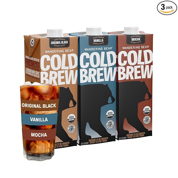 Wandering Bear Organic Cold Brew Coffee Variety Pack - Extra Strong, Bold, Smooth, Unsweetened, Shelf-Stable, Ready to Drink & Vegan, Iced Cold Brewed Coffee Drink - 32 fl oz (3pk - Vanilla, Black, Mocha)