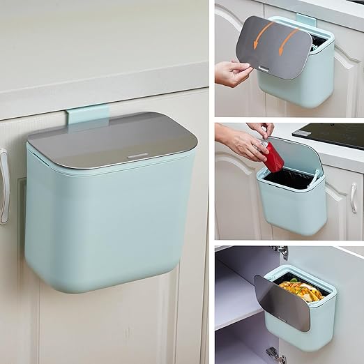 1.8 Gallon/7L Hanging Trash Can with Stainless Steel Lid, Mountable Compost Bin for Kitchen Cabinet Door, Under Sink Food Waste Container for RV, Bathroom, Office