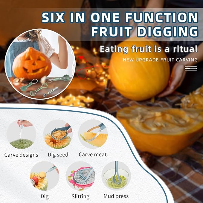 6-in-1 Melon Fork Slicer Cutter, Melon Baller Scoop Set, Watermelon Slicer Tool, Stainless Steel Fruit Cutter, Seed Remover, Fruit Fork for Camping Kitchen Gadgets (6-in-1-blue)