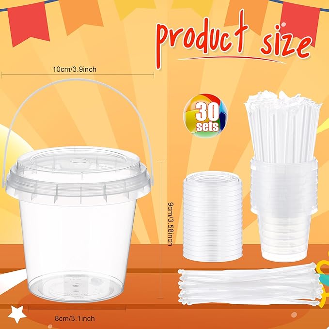 Funnymoom 30 Set Carnival Circus Drink Buckets with Lids and Straws 24oz Clear Disposable Plastic Cups Rum Cocktail Pails with Handles & Cups for Adult Party Favors, Vintage Theme Party Supplies
