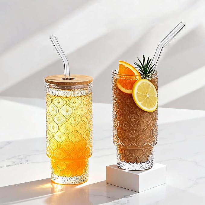 Vintage Glass Cups With Bamboo Lids And Straws 16 Oz,Vintage Tumbler Embossed Floral Glass Cups Set For Whiskey Cocktail, Beer, Iced Coffee Cups, 6pack