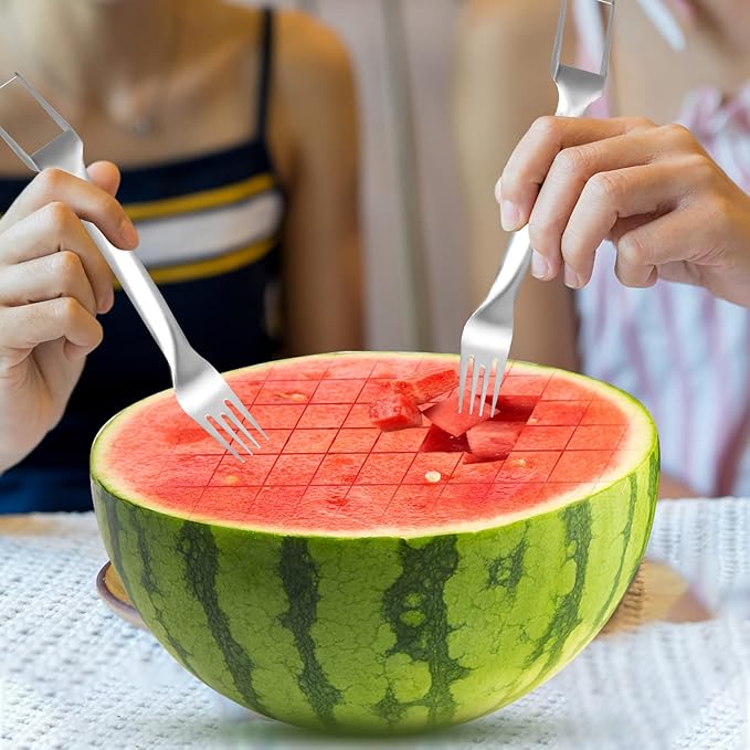 4 Pcs Watermelon Fork Slicer Cutter, Stainless Steel 2-in-1 Watermelon Fork Slicer, Portable Watermelon Fork Watermelon Cutter Slicer Tool Fruit Forks Slicer for Home Party Camping Kitchen Gadget