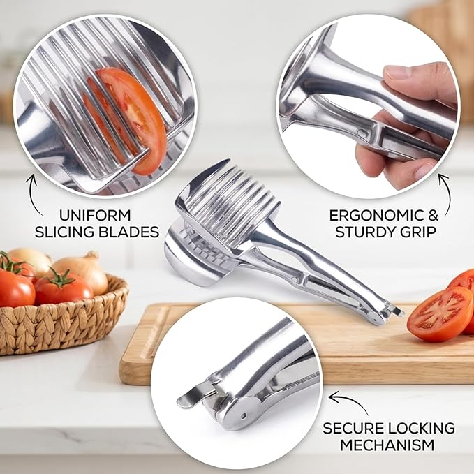 Tomato Slicer, Multifunctional Vegetable Cutter Tool, Multi-Purpose Cutter for Onions Tomatoes Potatoes with Secure Grip, Efficient Kitchen Gadget for Uniform Slicing