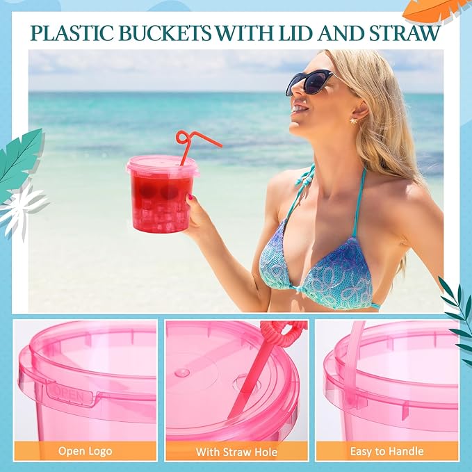 Funnymoom 16 Pack 32 oz Plastic Rum Buckets for Drinks with Straws Ice Cream Cocktail Bucket with Lids and Handles Reusable Food Containers Cup for Parties Summer Beach Bar Beer (Rose Pink)