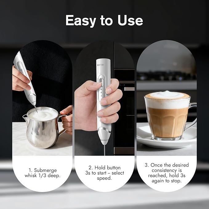 RAFOW Handheld Electric Milk Frother: Rechargeable Frother Wand with Stand, 3 Speeds & Detachable Double Whisk Drink Mixer, Froth Stirrer for Latte, Cappuccino, Cream, Matcha, Dalgona Coffee - White