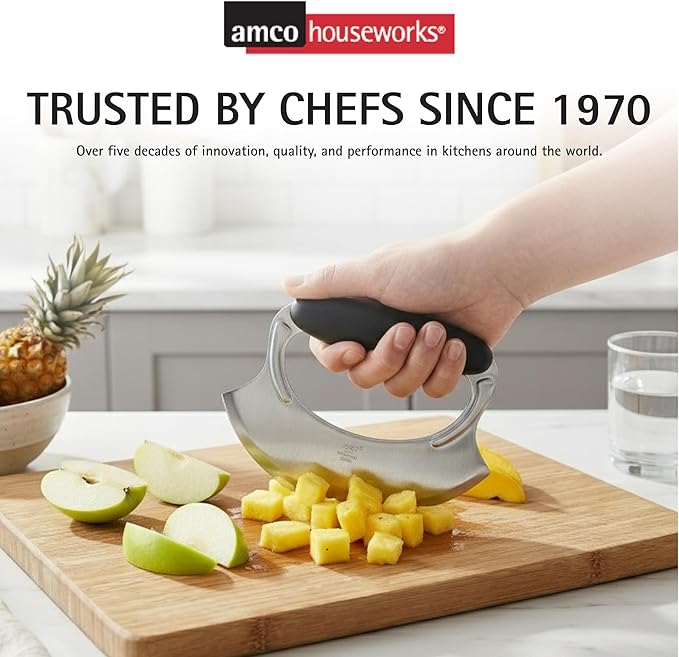 Amco Mezzaluna Herb Chopper with Silicone Handle & Stainless Steel Blade - 4.9" Dishwasher Safe Chopping Tool for Herbs, Vegetables & Garlic - Non-Slip Grip, Easy to Use & Comfortable to Hold
