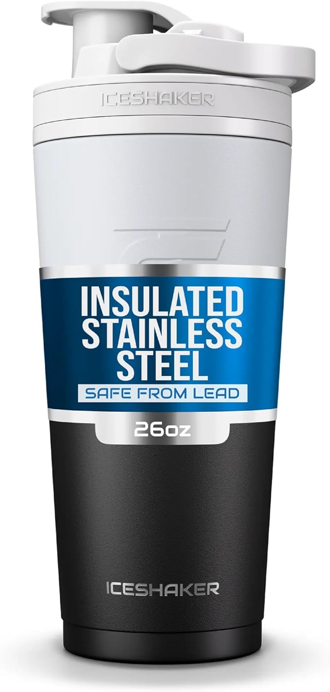 Ice Shaker Stainless Steel Shaker Bottle | 26oz, Black/White | Stays Cold for 30+ Hours | Insulated Cup with Twist-on Agitator | Odor-Free Shaker Cup for Protein Shakes, Water, Smoothies