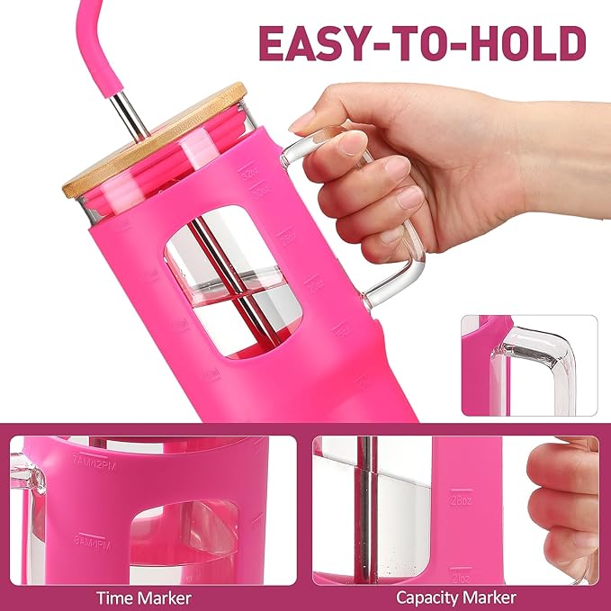 WINSA Glass Tumbler with Straw & Lid, 32 oz Glass Cup with Handle, Water Bottle with Time Marker - Pearl Straw & Silicone Protective Sleeve - Rose Red