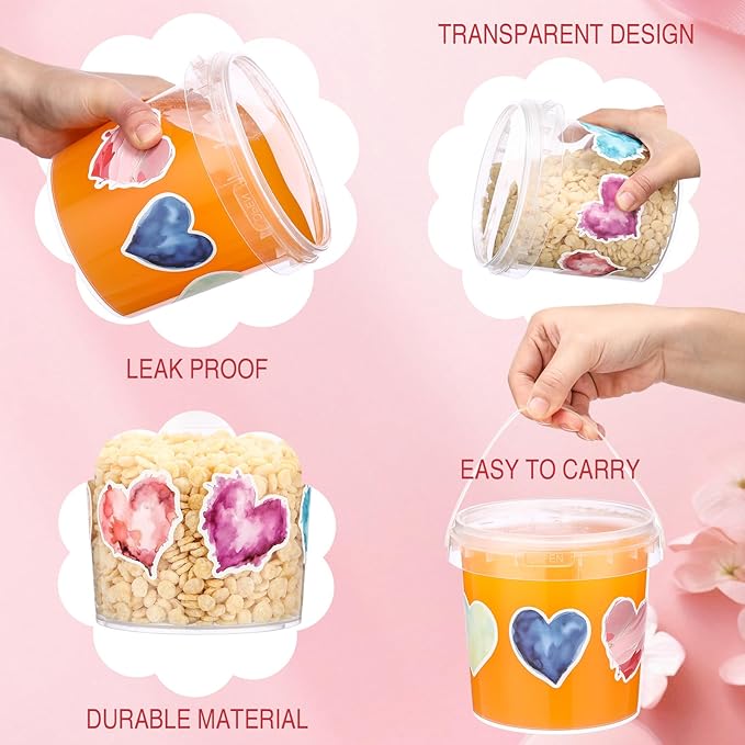 PerKoop 20 Pcs 32 oz Ice Cream Buckets with Lids and Handles Clear Cocktail Rum Buckets with Stickers Plastic Transparent Tub Reusable Food Storage Containers for Parties(Heart)