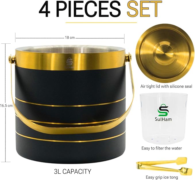 3L - Double-walled stainless Steel Ice Bucket with lid, Ice Tong and Inner Bucket for parties, cocktail bars and indoor and outdoor parties