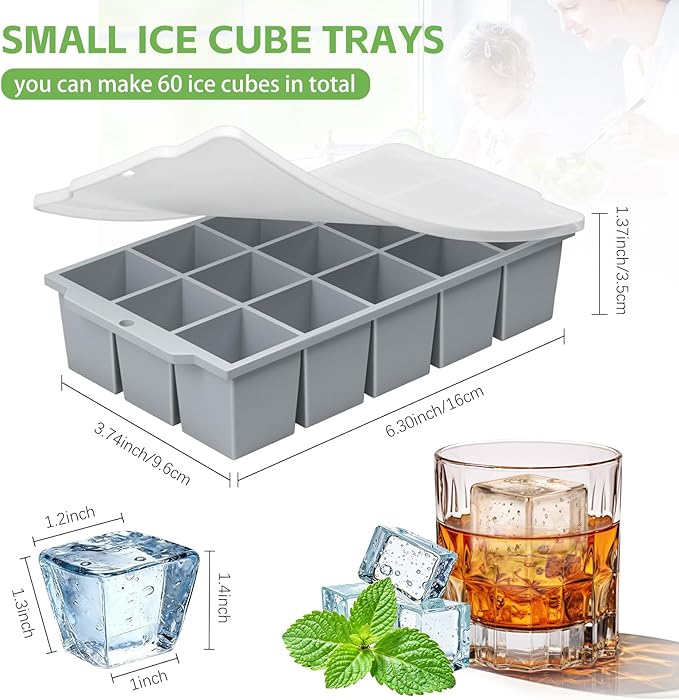 Silicone Ice Cube Tray with Locks Lids 4 Pack, Easy Release Flexible 15 Square Ice Trays for Freezer, Stackable & Reusable Ice Cube Mold for Whiskey, Cocktails, Baby Food, BPA Free
