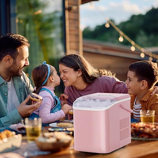 NEWBULIG Ice Makers Countertop with Handle, Portable Ice Machine, 9 Bullet Ice Cubes in 6 Mins, 26lbs in 24Hrs, Auto-Cleaning, with Basket and Scoop, for Home, Kitchen, RV, Camping,Pink