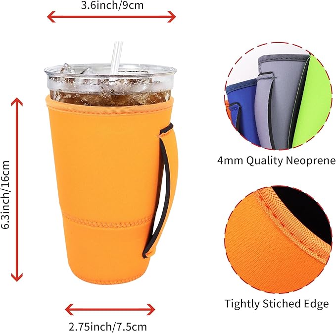 4Pack Reusable Iced Coffee Sleeve Insulator Sleeves for Cold Drinks Beverages, Neoprene Cup Holder for Most Coffee, Fits 30-32oz Large Cups (Classic Color with Handle)