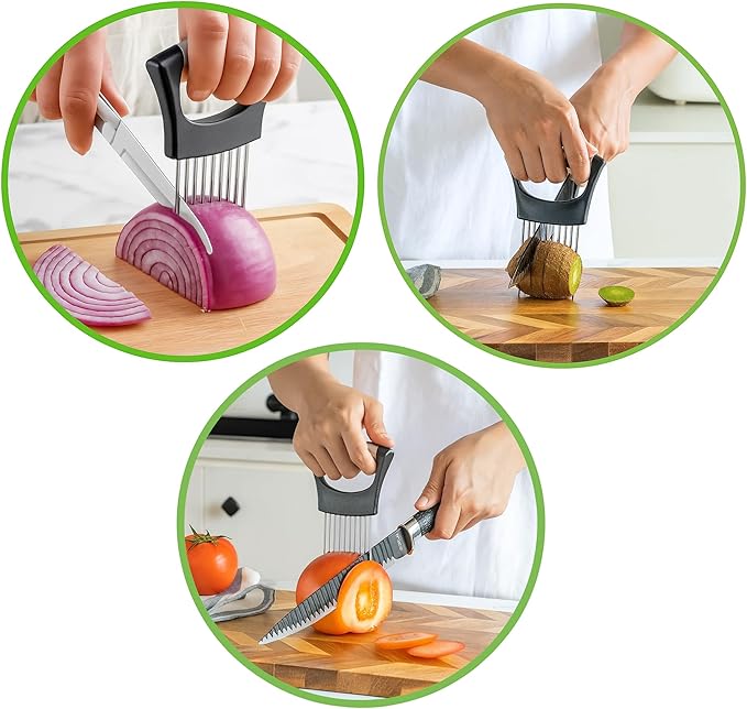 Stainless Steel Onion Holder for Slicing – Vegetable Slicer Guide with Anti-Slip Handle | Tomato, Cucumber & Meat Cutting Tool | Durable Kitchen Gadget for Precise Slicing