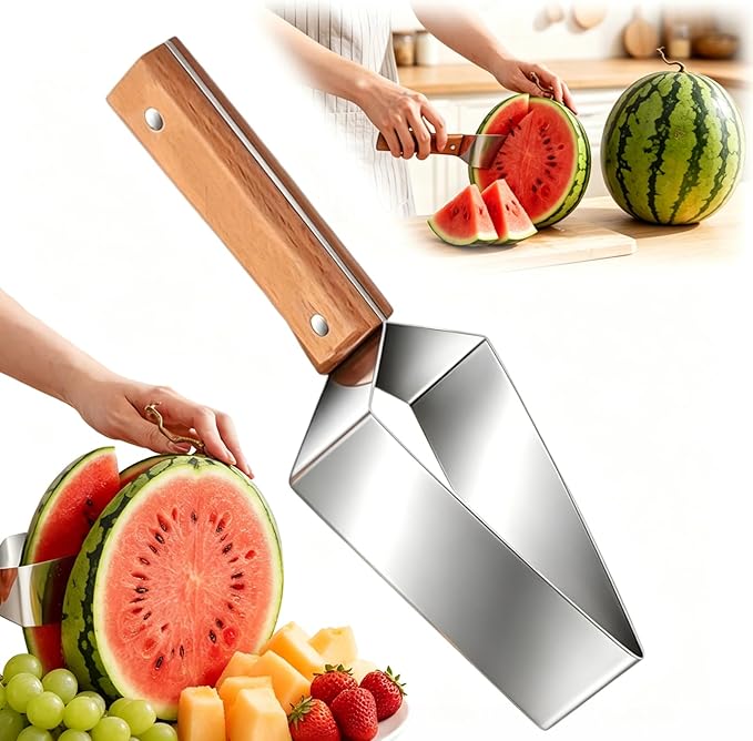 2026 Upgraded Triangle Watermelon Cutter, Thickened Stainless Steel Quick Watermelon Slicer Cutter Tool, with Ergonomic Wooden Handle Design for a Variety of Fruits (1PC)