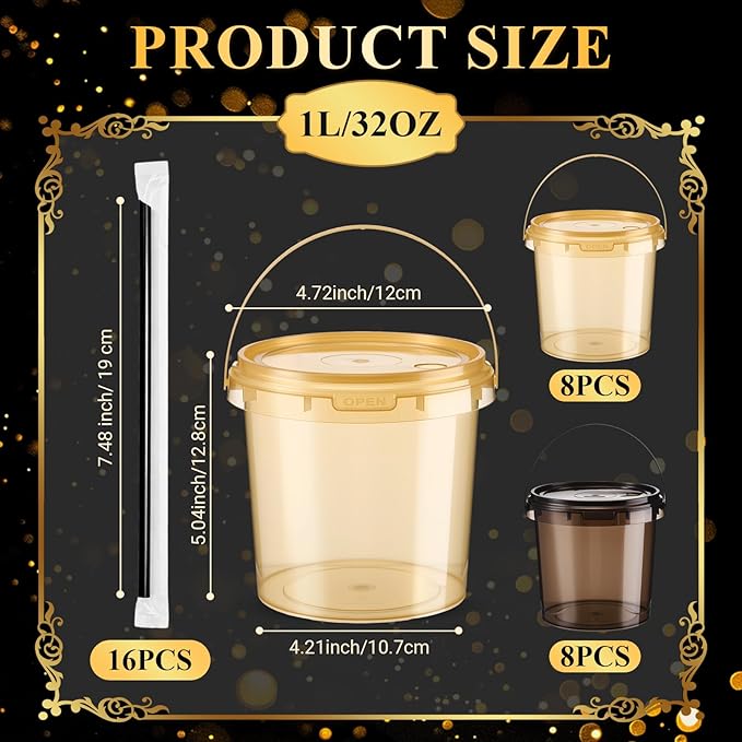 Funnymoom 16 Pack 32 oz Plastic Rum Buckets for Drinks with Straws Ice Cream Cocktail Bucket with Lids and Handles Reusable Food Containers Cup for Parties Summer Beach Bar Beer (Black,Gold)