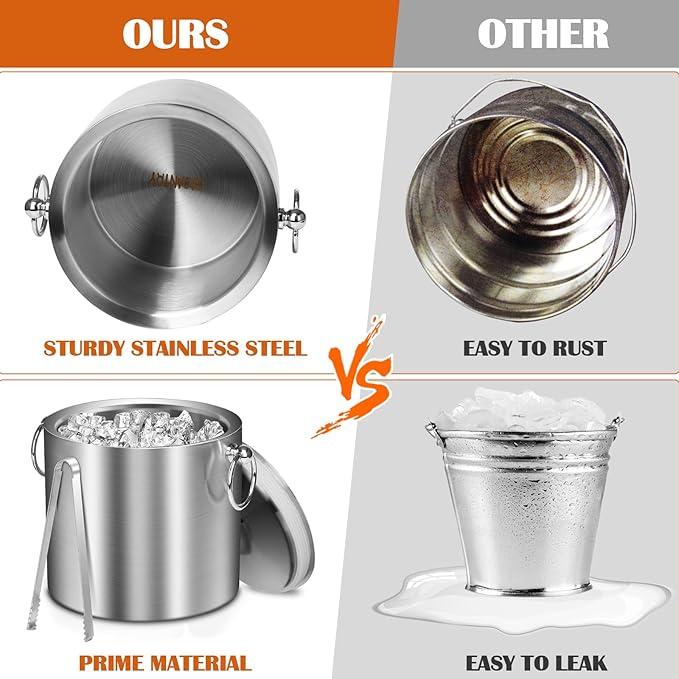 Ice Bucket with Lid & Tong- Well Made Insulated Stainless Steel Keep Ice Frozen Longer - Ideal for Cocktail Bar, Parties, Chilling Wine, Champagne - 3 Liter (Stainless Steel)