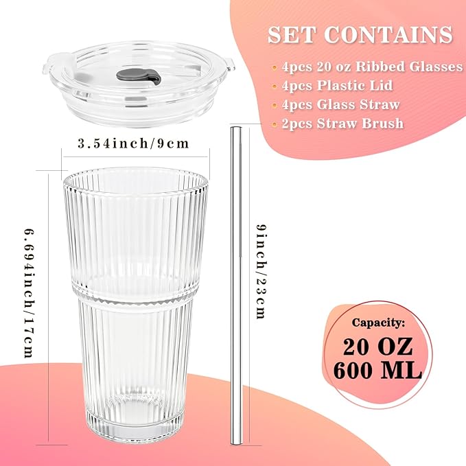 20oz Glass Tumblers with Lids and Straws, Reusable Iced Coffee Cups, Vintage Drinking Glasses, Ribbed Glassware for Whiskey Cocktail Beer, Juice, Style Glasses for Party, Gifts