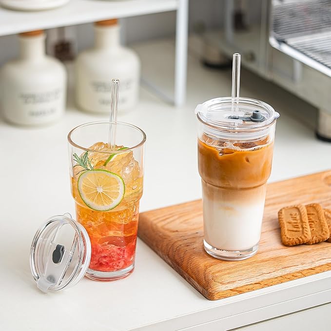 SoulTimes 20oz Glass Tumbler with Lid and Glass Straw –Set of 2, Clear Reusable Iced Coffee Cup, Drinking Glass for Coffee, Tea, Juice, Smoothies – Durable & Elegant Glassware