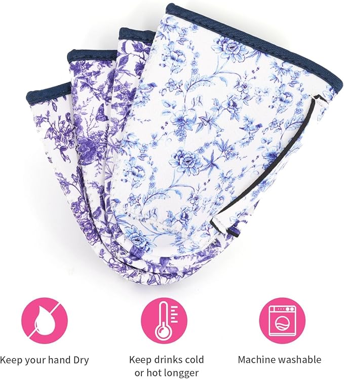 4Pack Reusable Iced Coffee Sleeve Insulator Sleeves for Cold Drinks Beverages, Neoprene Cup Holder for Most Coffee, Fits 22-24oz Medium Cups (Floral Like China)