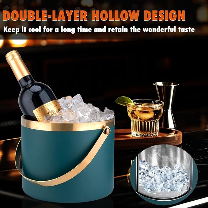 Ice Bucket, 3L Double-Wall Stainless Steel Insulated Ice Bucket With Lid and Ice-Tong, Ice-Buckets for Parties Home Bar, Chilling Beer, Champagne, Wine Bottle(Dark Green)