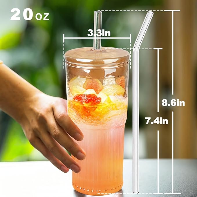 JunVpic Glass Cups with Lids and Straws, Amber 20 OZ Iced Water Glasses Tumblers for Ice Juice, Tea, Milk, Smoothie and Cold or Hot Drinks, Set of 2
