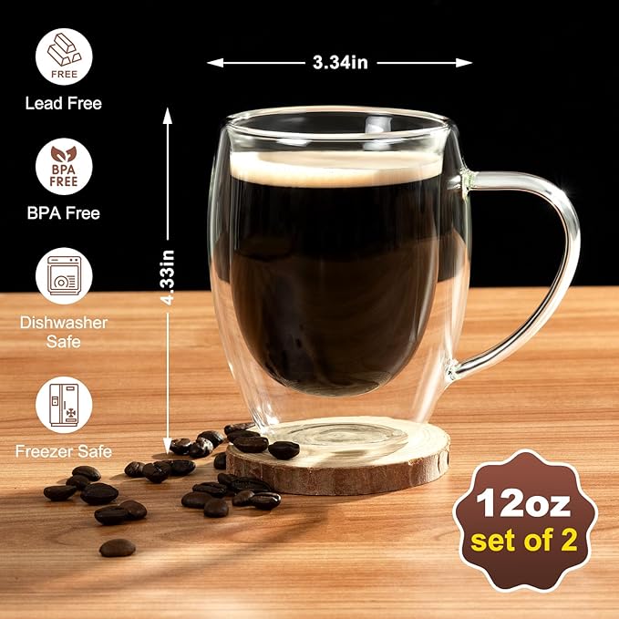FrutPunch Double Walled Glass Coffee Mugs, Glass Coffee Mugs Set Of 2, Glass Coffee Cups with Handles, 12OZ, Suitable for Cappuccino, Latte, Espresso, Hot Drinks, Cold Drinks (2)