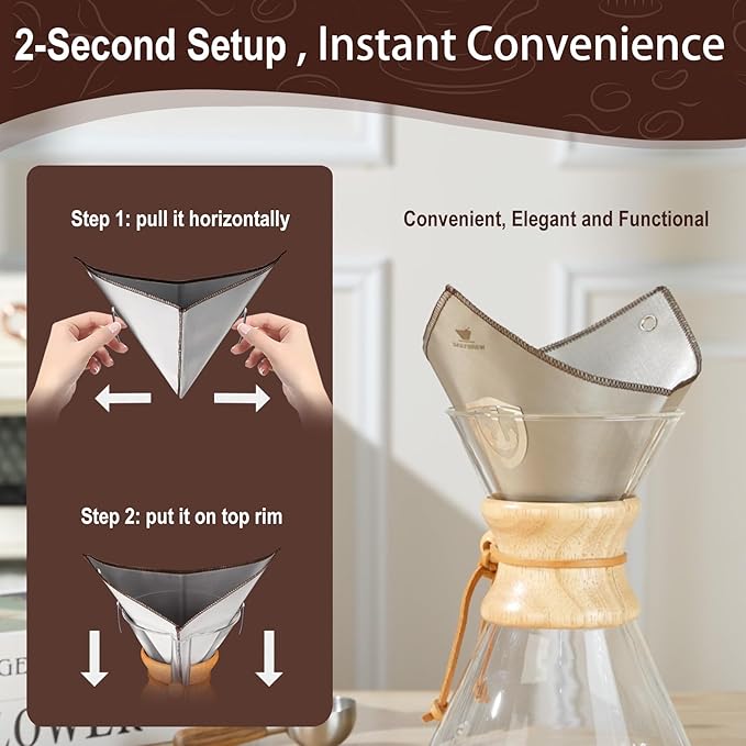 Stainless Steel Coffee Filter for 6/8/11 Cup Pour Over Glass Coffee Makers–Square Reusable Mesh Coffee Filter With Hanging-ears, Compatible with Chemex and Similar Pour Over Glass Coffee Makers