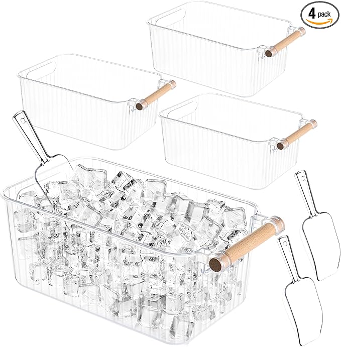 4 Piece Ice Bin and 2 Flexible Scoop Set Plastic Freezer Ice Bin with Handle Clear Storage Bucket for Container with Bucket Scoop Kitchen Fridge