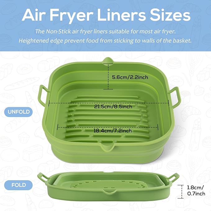 Silicone Air Fryer Liners Square - Reusable Airfryer Collapsible Basket - Easy to Clean Air Fryers Pot for 5.8 to 8 Qt Baking Tray Oven Accessories, 8.5 Inch Large