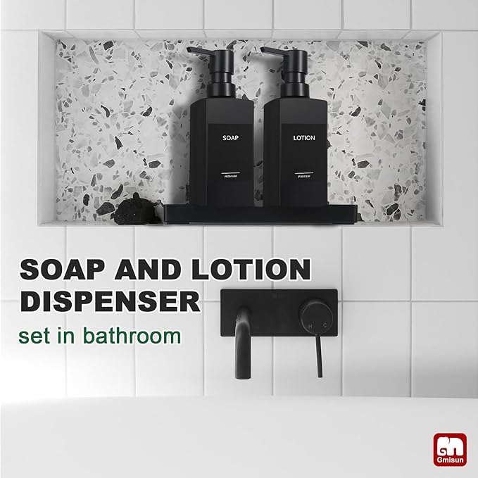 GMISUN Kitchen Soap Dispenser Set, Hand and Dish Soap Dispensers, 12 fl oz/350 ml Black Soap Dispenser with Tray, Glass Dish Dispenser for Kitchen, Liquid Hand Soap and Lotion Bottle Set for Bathroom