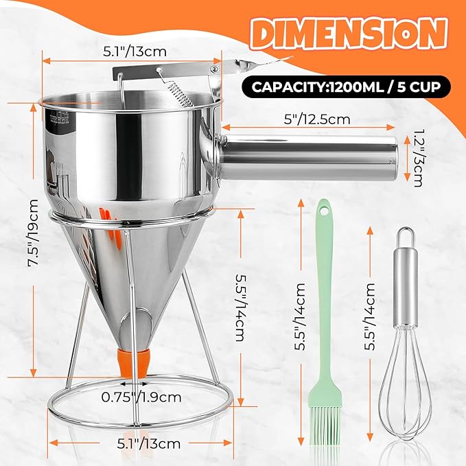 40oz Stainless Steel Pancake Batter Dispenser with Stand and Tools, Great for Pancakes, Cupcake, Candle Wax Pourer, Durable, Leak-Free and Easy to Clean