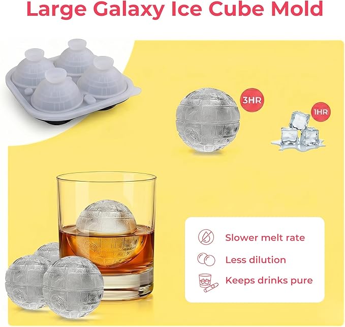 SpaceTime Large Ice Cube Tray,Silicone Ice Cube Trays for Freezer with Lids & Funnel,2.5 Inch Reusable Big Round Ice Cube Mold Ball Maker for Gifting,Whiskey,Cocktails and Drinks,Easy Release (Galaxy)