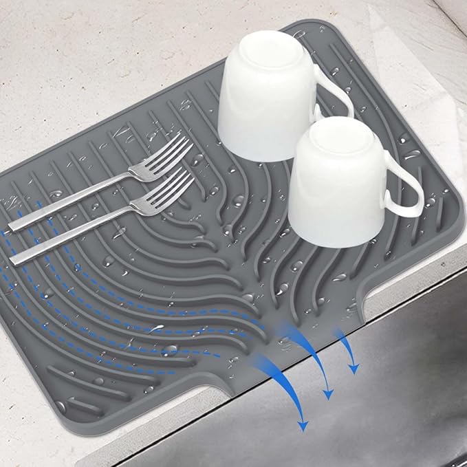 JACZZO Silicone Dish Drying Mat for Kitchen Counter - 14.7x10.2 Inch Non-Slip Drying Matt with Slope Drain, Dish Sponge Holder, Heat Resistant Mat (Grey)