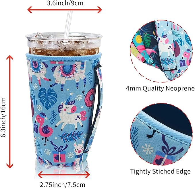 4Pack Reusable Iced Coffee Sleeve Insulator Sleeves for Cold Drinks Beverages, Neoprene Cup Sleeve With Handle for Most Coffee, Fits 30-32oz Large Cups (Flamingo with handle)