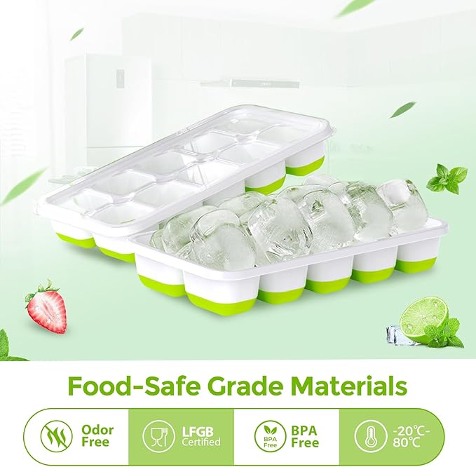 DOQAUS Ice Cube Tray with Lids - 2 Pack Stackable Silicone Ice Trays for Freezer, BPA & LFGB Safe, Easy Release for Kitchen, RVs, Cocktail, Coffee, Soup & Food