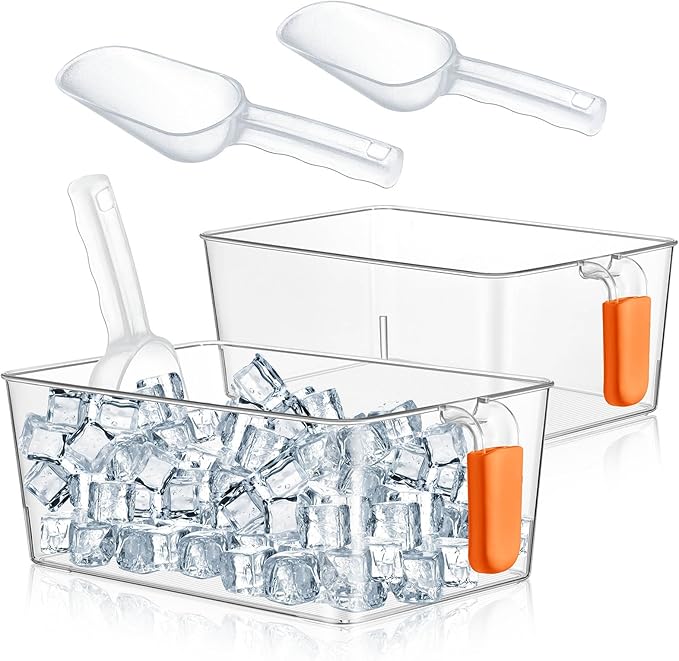 Havawish Ice Storage Bin and Flexible Scoop Set Plastic Freezer Bin with Pull out Handle Storage Bucket Clear for Container with Scoop(Orange,10.83 x 7 x 4.33 in,Classic)