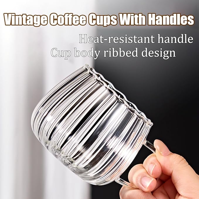 Viovian 12oz Clear Glass Coffee Mugs Set of 6 Ribbed Coffee Cups With Handles Modern Cute Glass Tea Mug Cup for Hot Beverage/Cappuccino/Latte/Cereal/Yogurt/Mocha/Milk