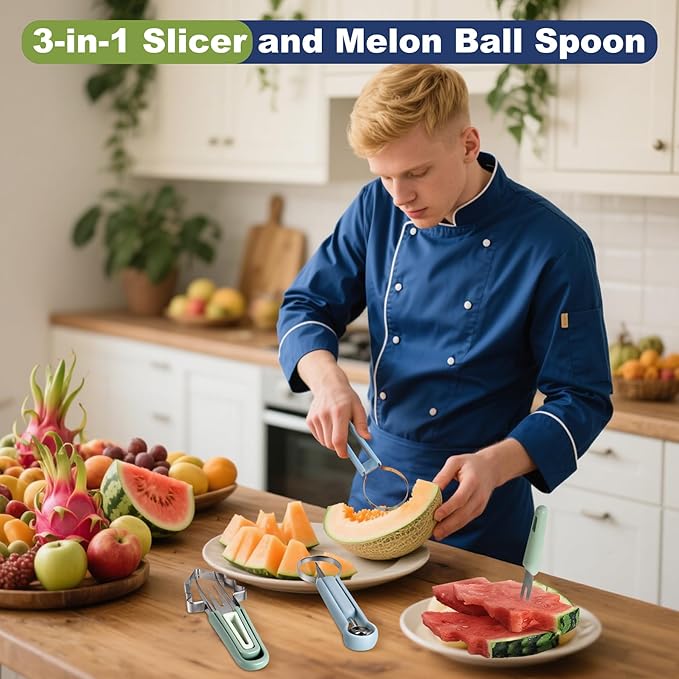 3-in-1 Watermelon cutter slicer tool set,Includes Christmas Tree Shaped Watermelon Slicer Cutter Tool and Melon Baller Scoop,Fruit Carving Tools for Watermelon,Cantaloupe and Dragon Fruit.