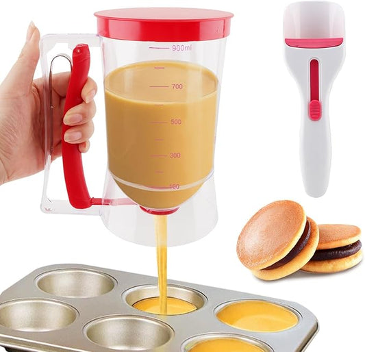 4 Cup Pancake Batter Dispenser With 1 Cupcake Batter Dispenser Scoop, Pancake Maker with Measuring Label And Squeeze Handle,for Pancakes, Cupcake, Waffle, Muffin Mix(red)