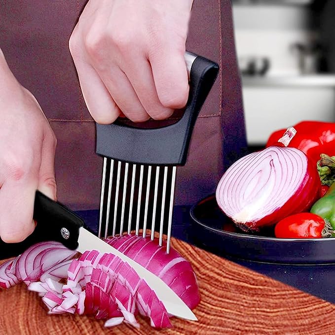 Onion Holder & Food Slicer Cutter Tool – Stainless Steel Vegetable & Fruit Slicing Assistant for Easy, Safe Cutting (Black)