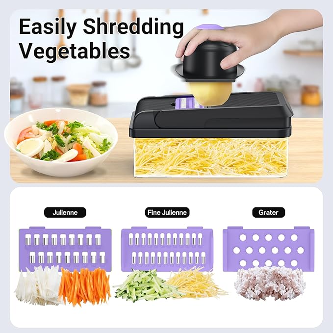 SpaceHacks 12-in-1 Vegetable Chopper, Kitchen Gadgets with 10 Blades, Veggie, Food, Onion Chopper, Cucumber Slicer, Versatile Mandoline, Includes Egg Separator & Finger Guard, Purple
