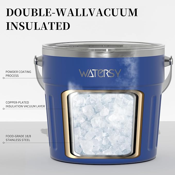 WATERSY Insulated Ice Bucket（8 Quart / 7.6 L） with Lid, Scoop, Ice Tong，Wall Vacuum Stainless Steel, Blue