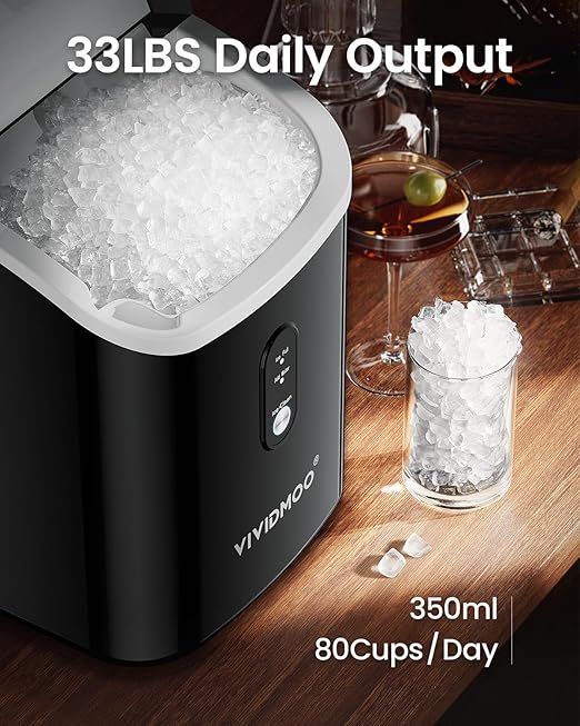 VIVIDMOO Nugget Ice Maker Countertop, 34lbs/Day, Portable Sonic Pebble Ice Maker with Self-Cleaning, Fast Ice in 6 Mins, Compact Crushed Pellet Ice Machine for Home/Office/Kitchen/RV/Camping, Black