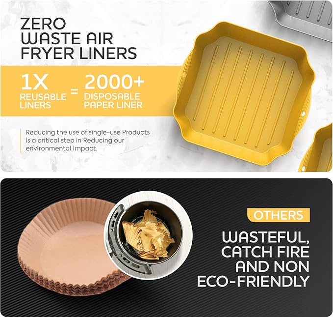 ZIP STANDING Silicone Air Fryer Liners Set OF 4, for 5-8QT Tray Baking Oven, 8.5” Reusable Square with Handles & Holes, Inserts, Accessories
